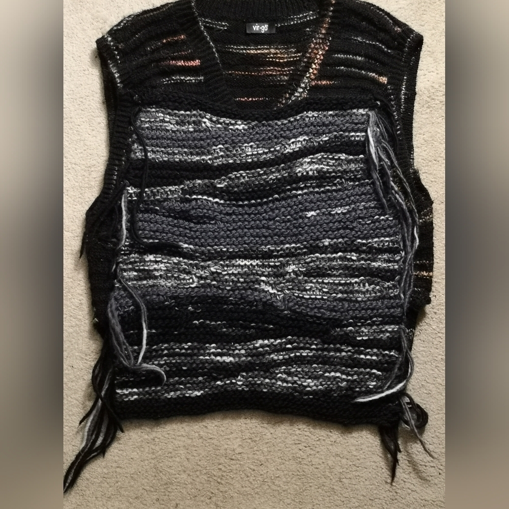 Upcycled Neo Vintage Vest, Striped Knit Pullover Sweater Hybrid with Fringe